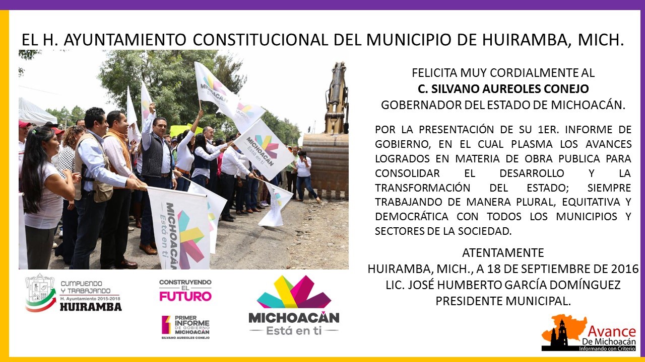 Ayuntamiento de Huiramba felicita al gobernador Silvano Aureoles Conejo