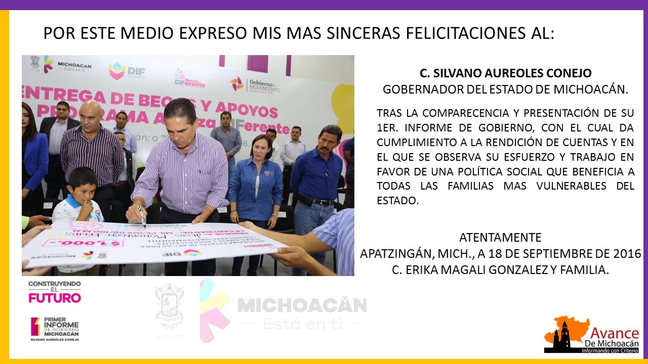Erika Magali y familia felicitan al gobernador del estado por su 1er.Informe de Gobierno