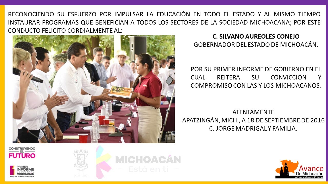 Jorge Madrigal y familia, felicitan al ingeniero Silvano  Aureoles Conejo por su 1er. Informe de Gobierno