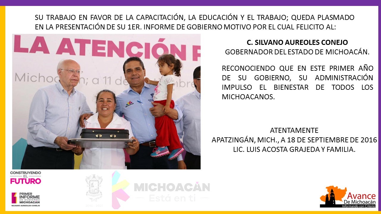 Luis Acosta Grajeda y Familia, felicitan al gobernador del estado por su 1er. Informe de Gobierno