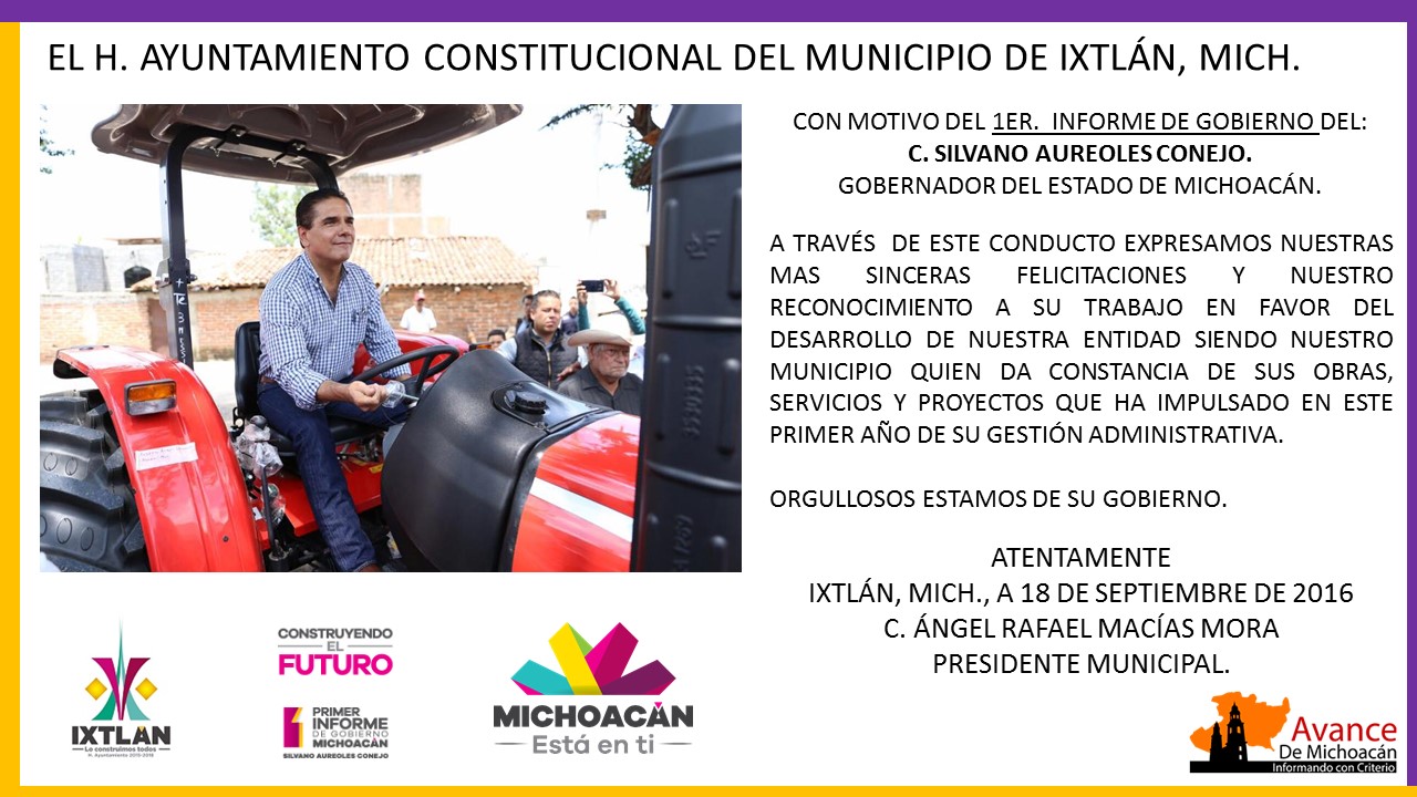 El Ayuntamiento de Ixtlán, felicita al gobernador del estado por su 1er. Informe de Gobierno