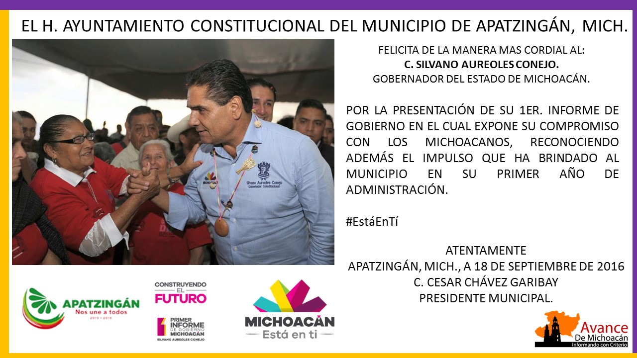 El Ayuntamiento de Apatzingán felicita al gobernador del Estado, Silvano  Aureoles Conejo