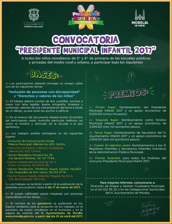 Invita Ayuntamiento a participar en concurso “Presidente Municipal Infantil 2017”