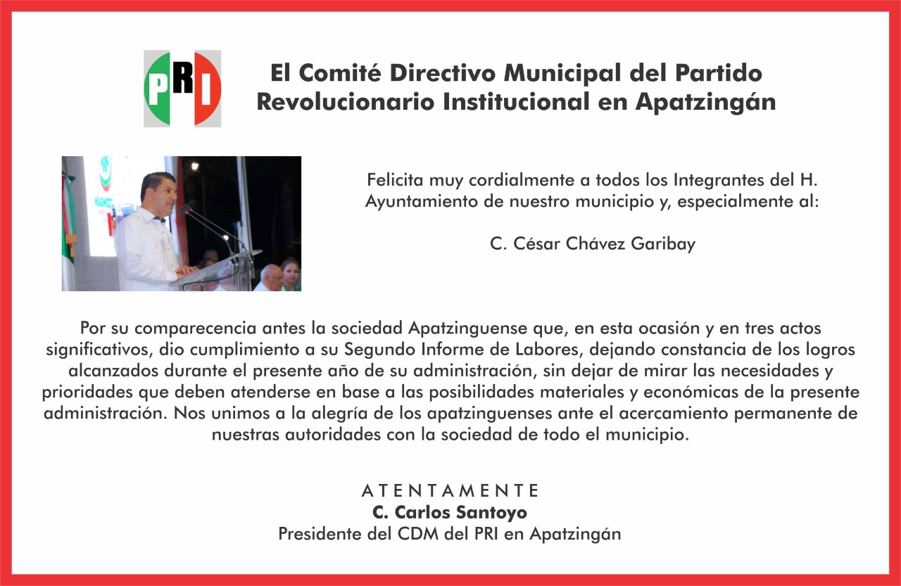 EL CDM del PRI en Apatzingán, Felicita al alcalde César Chávez por su informe de gobierno