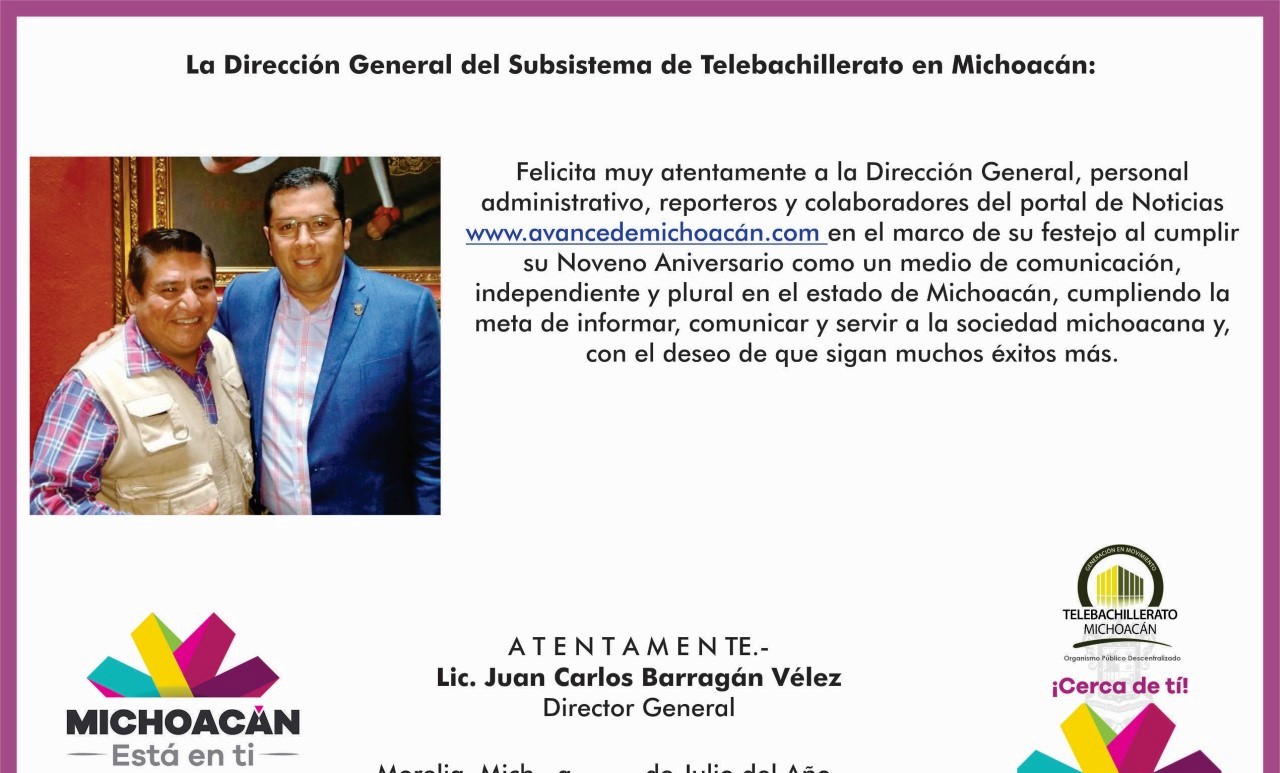 La Dirección General del Subsistema Bachillerato en Michoacán, Felicita en su aniversario  a Avance de Michoacán