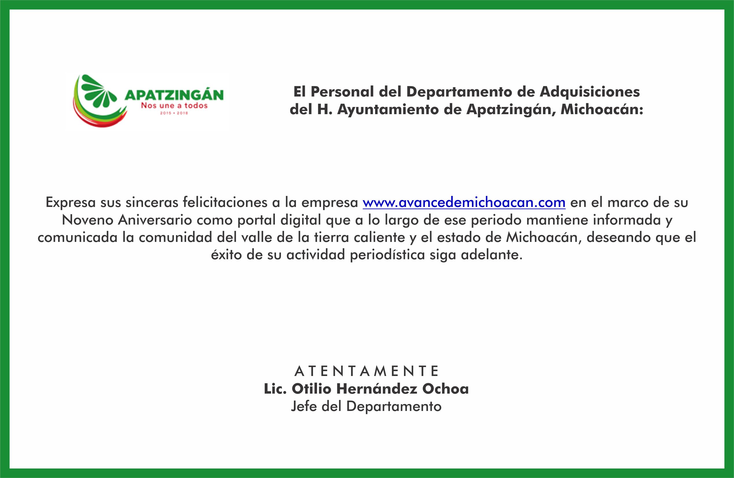 El Dpto. de Adquisiciones del H. Ayuntamiento de Apatzingán Felicita a Grupo Avance