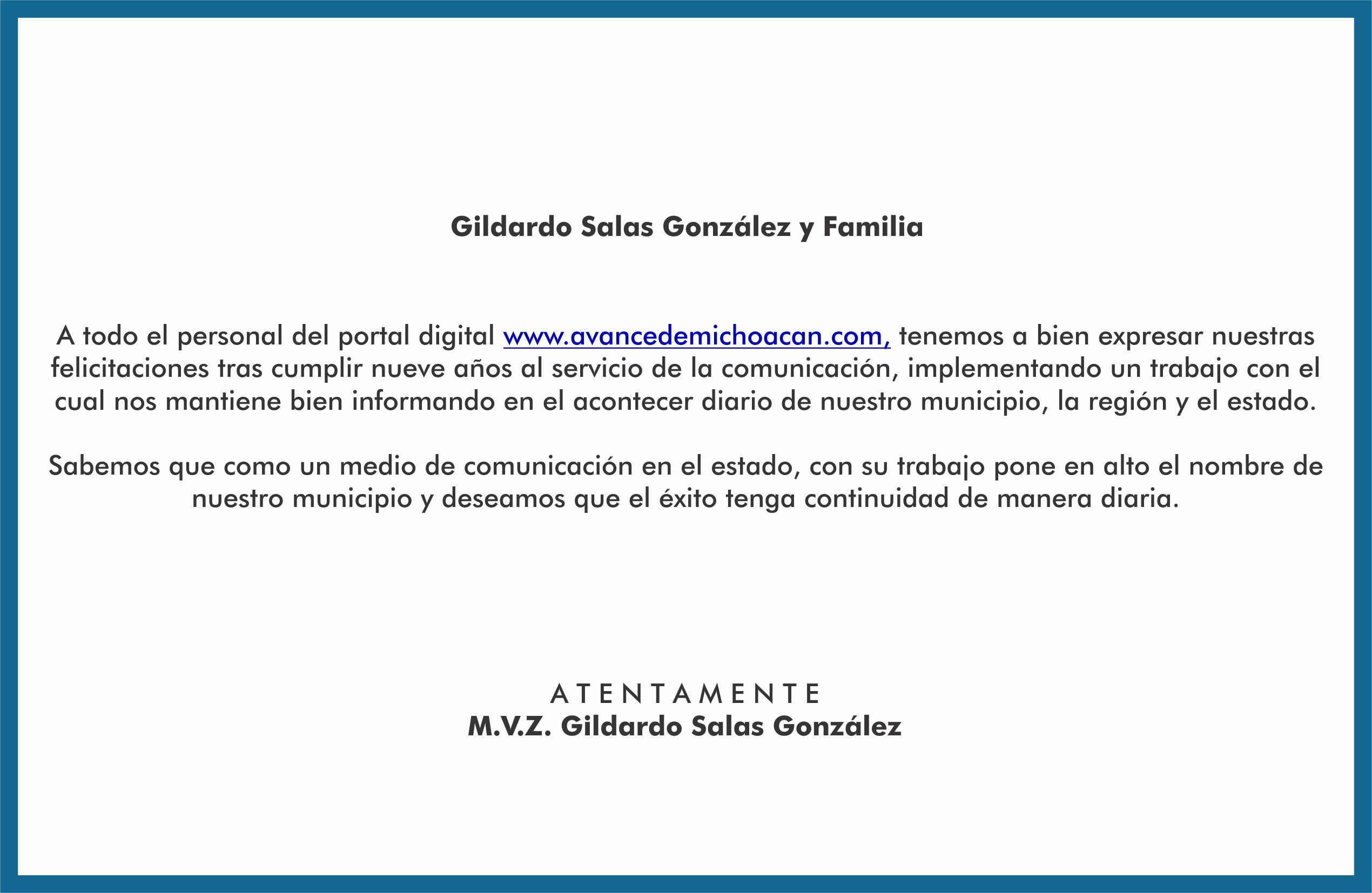 Gildardo Salas González y Familia, felicita a Grupo Avance