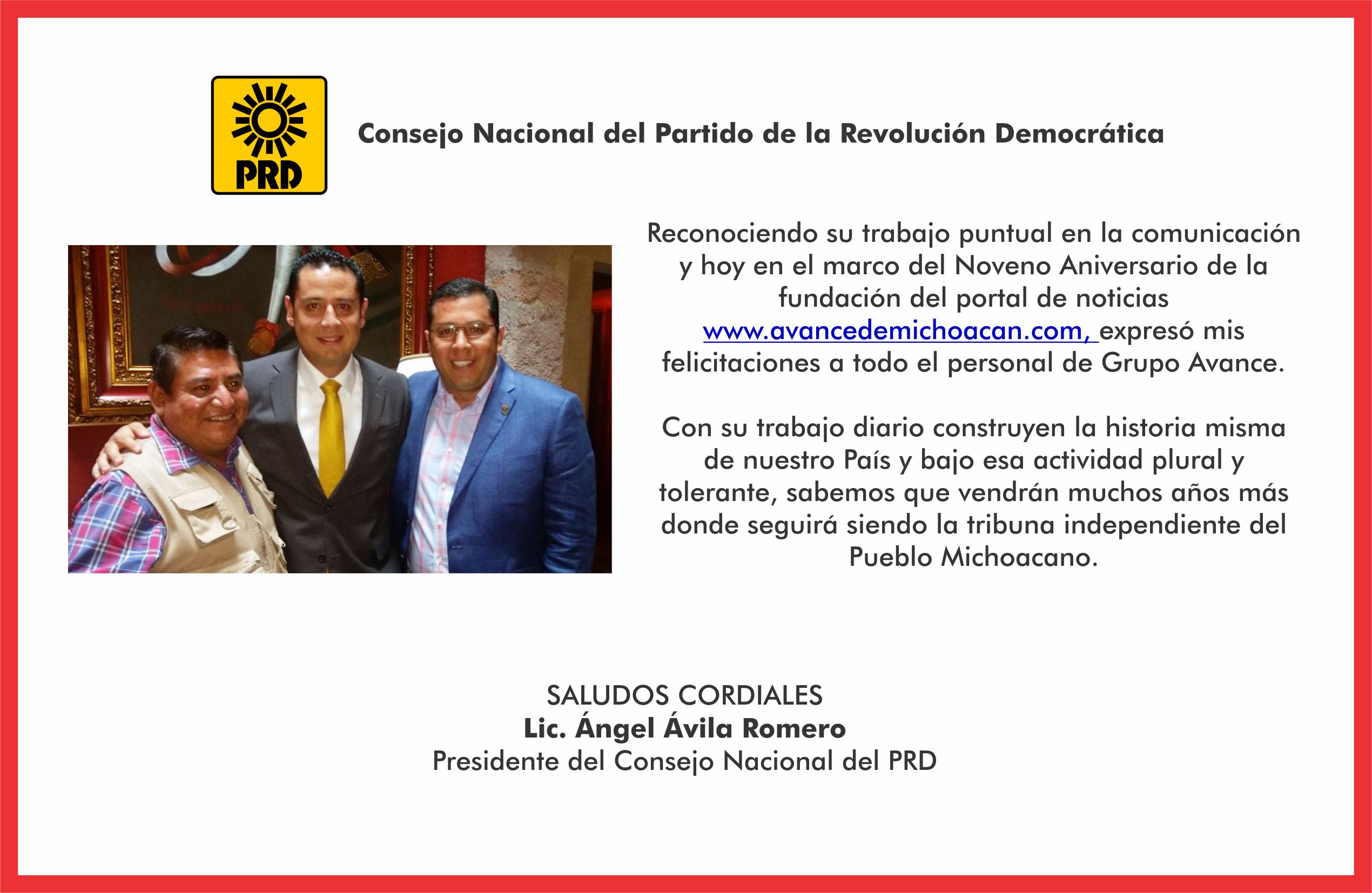 El Pdte. del Consejo Nacional del PRD, felicita a Grupo Avance