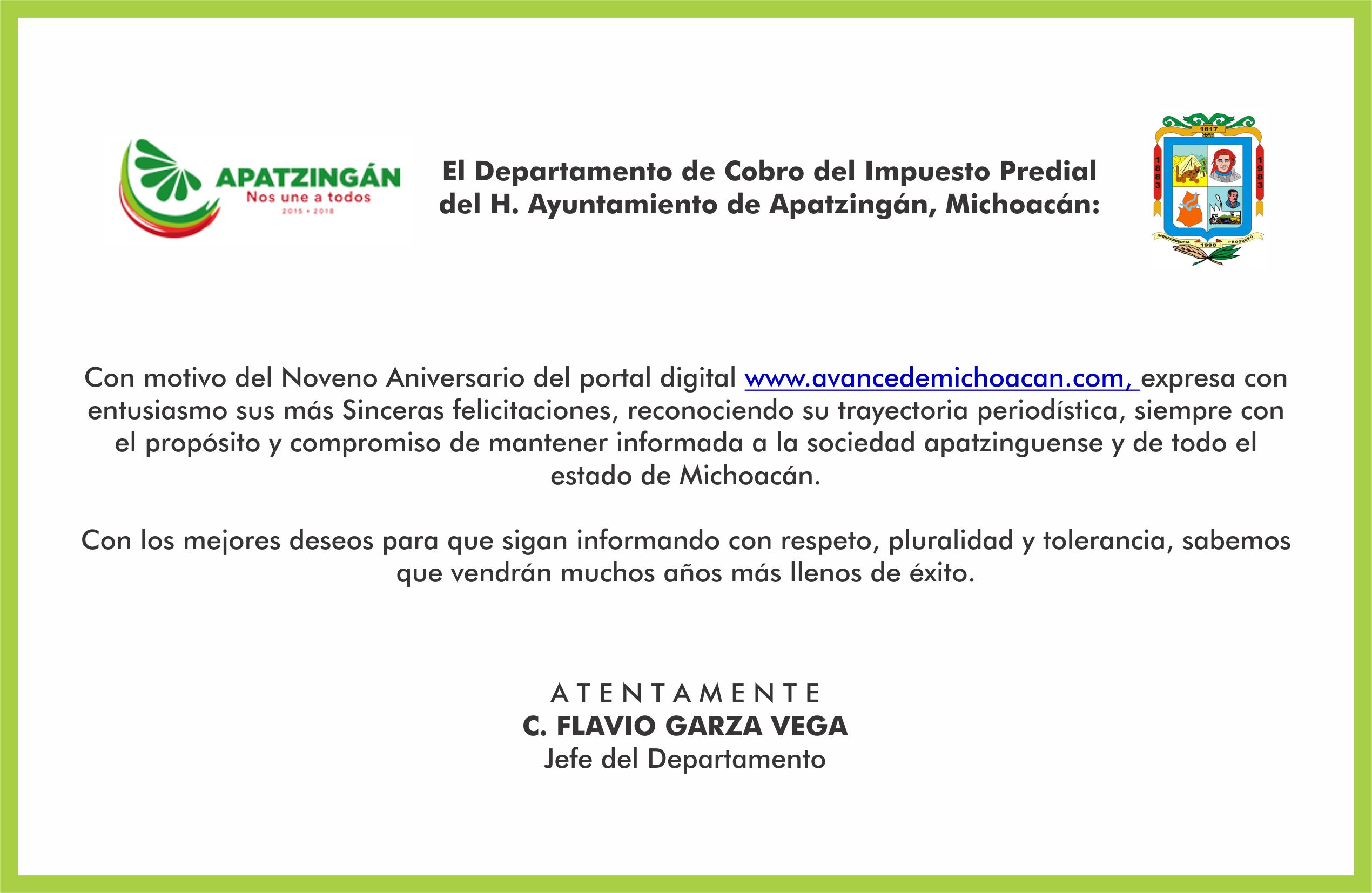 El Dpto. de Cobro del Impuesto Predial del H. Ayuntamiento de Apatzingán, felicita a Grupo Avance