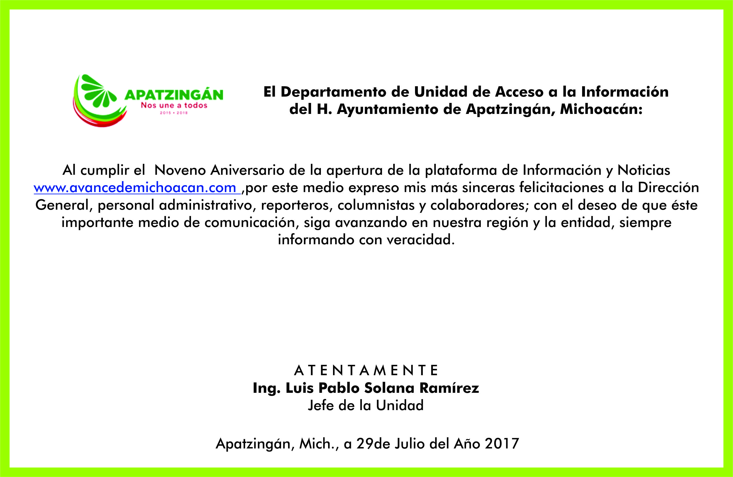 La Unidad de Acceso a la Información del H. Ayuntamiento de Apatzingán, felicita a Grupo Avance