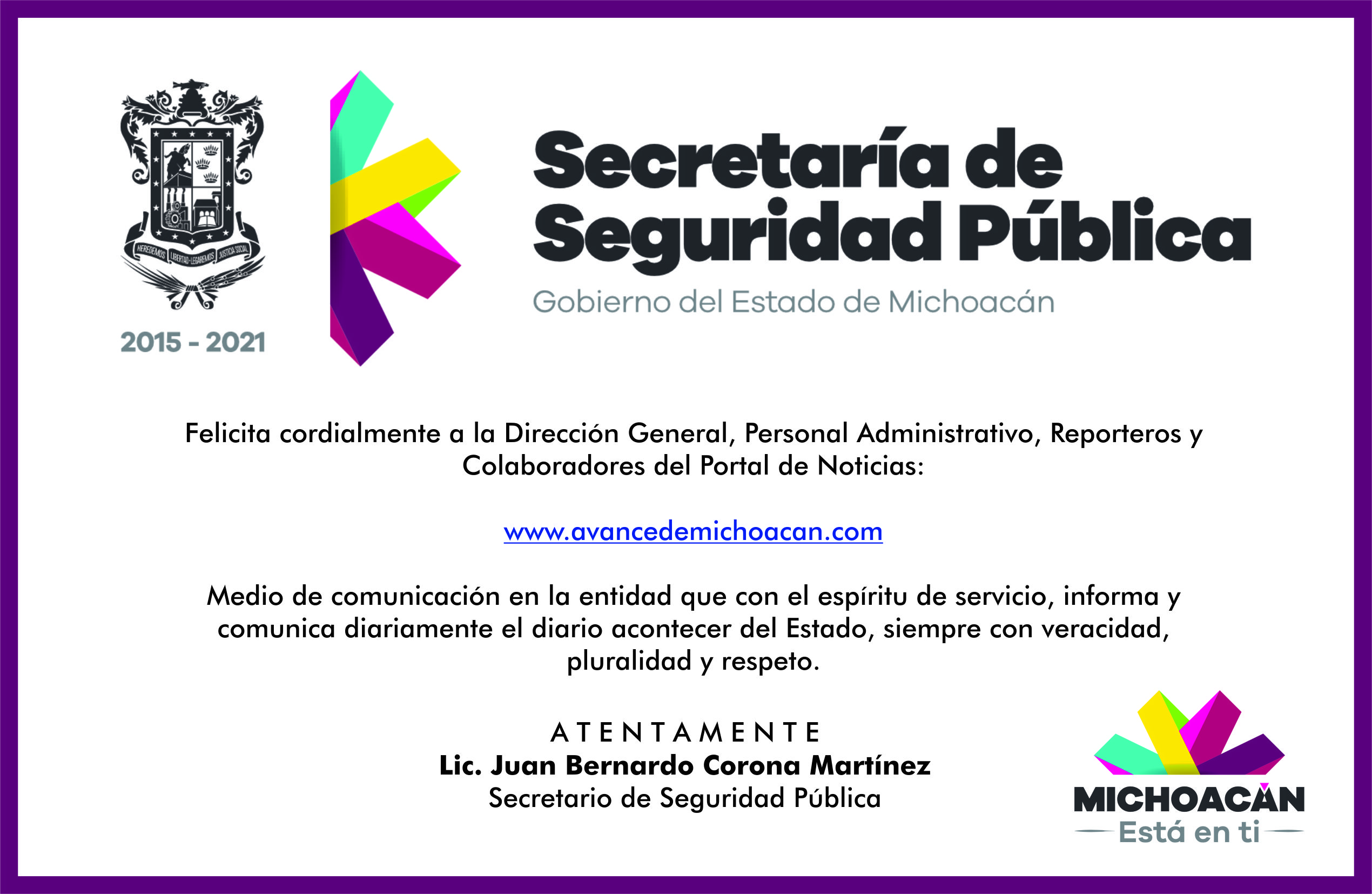 la SSP en Michoacán, Felicita por Aniversario a Grupo  Avance