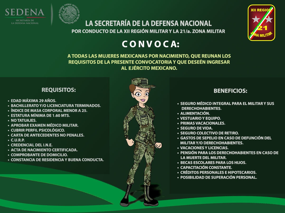 La 21 Zona Militar convoca a personal femenino que desee ingresar al Ejército Mexicano