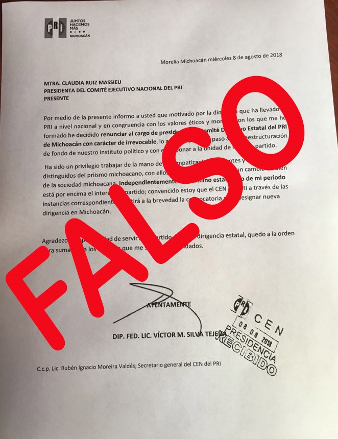 APÓCRIFO DOCUMENTO DE RENUNCIA DE VÍCTOR SILVA AL CDE DEL PRI MICHOACÁN