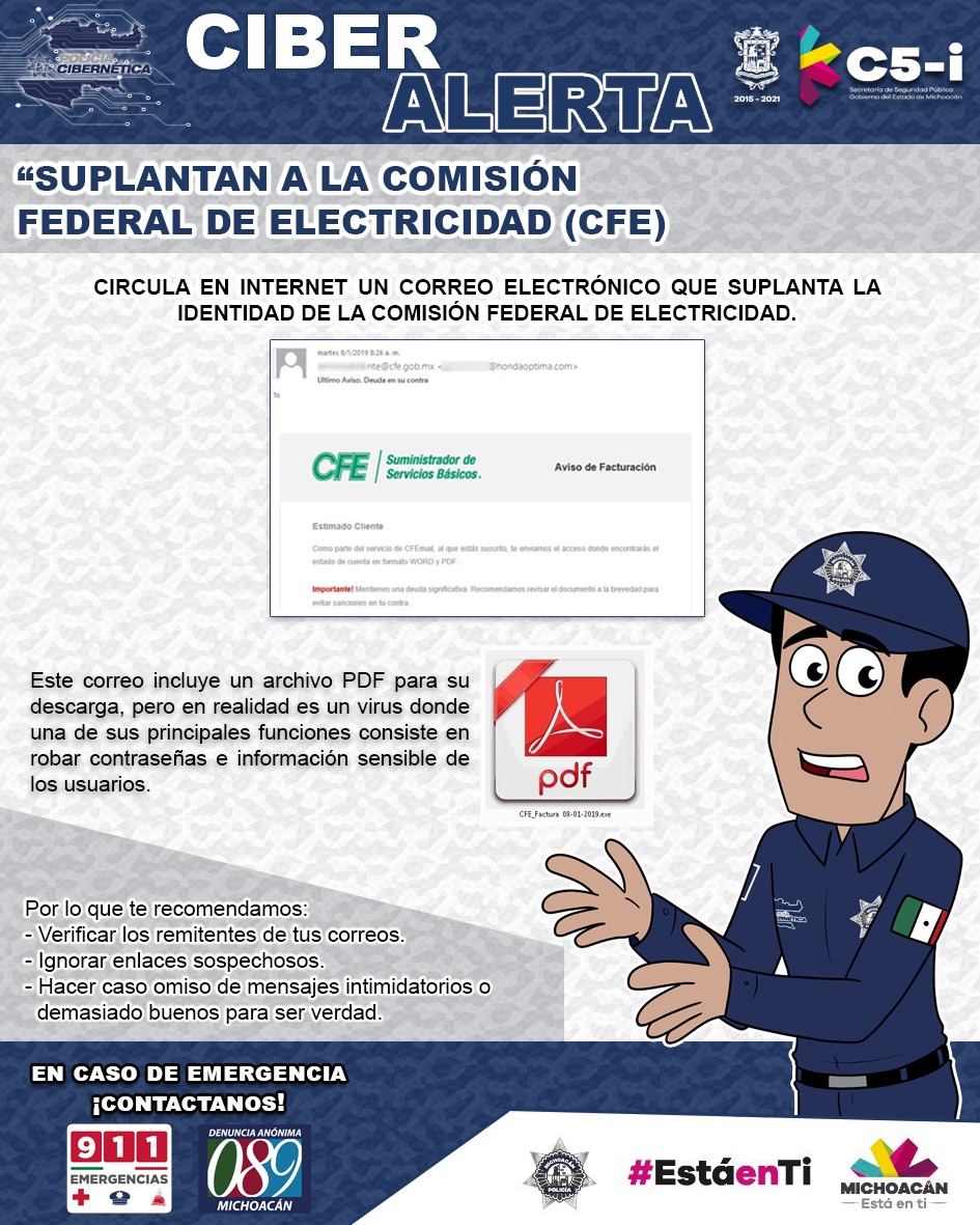 Alerta Unidad Cibernética de la SSP sobre falsos correos electrónicos de la CFE