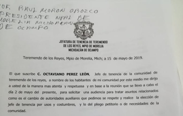 Teremendo pide audiencia al alcalde de Morelia y respete Usos y Costumbres para elegir Jefe de Tenencia y cumpla compromiso de obras