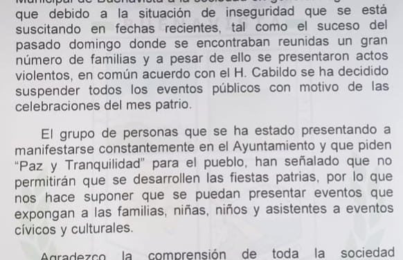 Por Seguridad Suspenden actos patrios en Buenavista Tomatlán