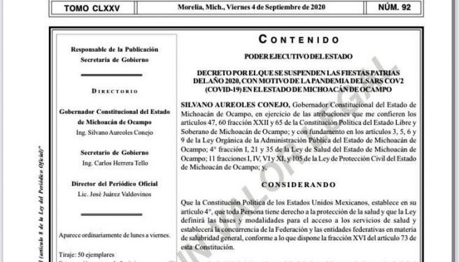 Oficializa Gobierno de Michoacán suspensión de fiestas patrias