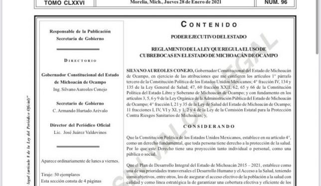 Emite Gobierno del Estado reglamento de ley que regula el uso obligatorio del cubrebocas