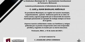 Sindica de Parácuaro lamenta fallecimiento de los hermanos Barajas de Antúnez