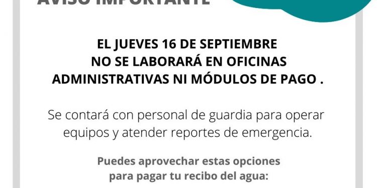 Aviso OOAPAS por día inhábil el 16 de septiembre