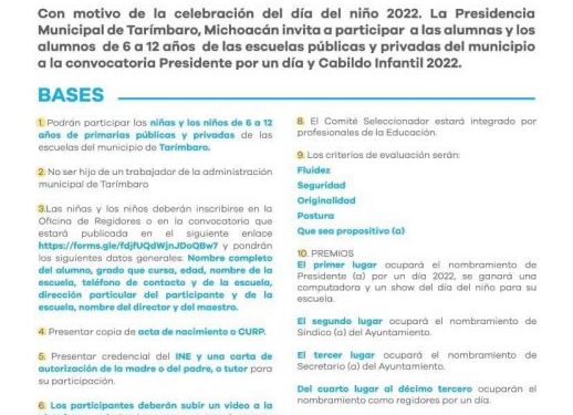 Convocan a niñas y niños tarimbarenses a ser Presidente o integrantes de Cabildo por un día