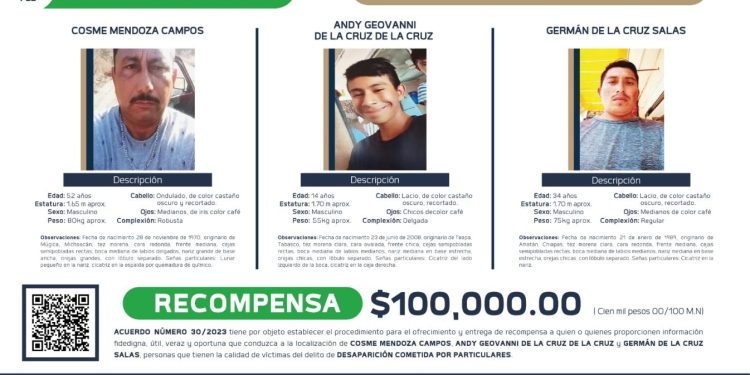 Ofrece FGE recompensa para localizar a tres personas, víctimas de desaparición cometida por particulares