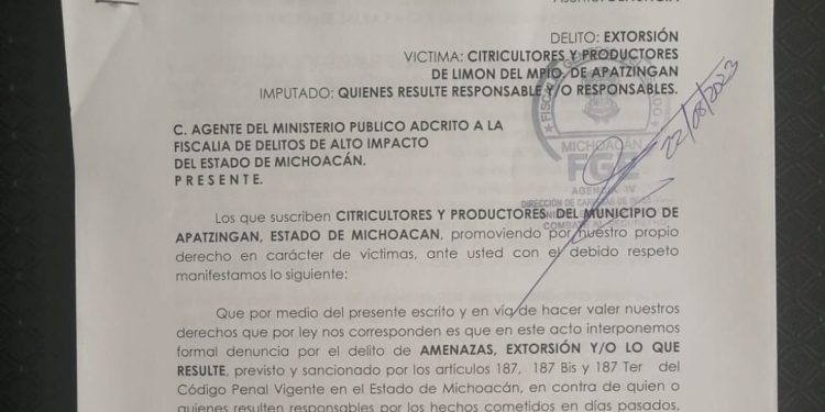 Presenta Gobierno de Michoacán denuncia por extorsión a limoneros de Apatzingán