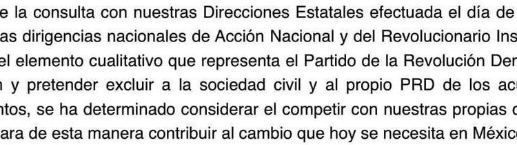 El PRD valora ir solo por diputaciones y senadores ante actitud de las dirigencias nacionales del PAN y PRI