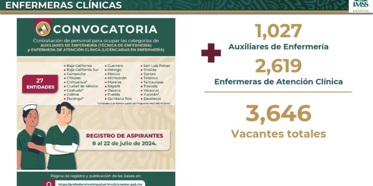 Próxima convocatoria a personal de enfermería para cubrir más de 3 mil vacantes en 27 entidades: IMSS